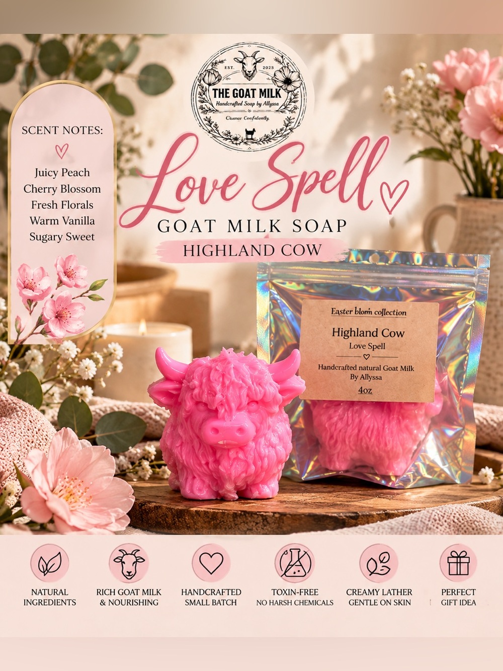 HandCrafted Goat Milk Lovespell Pink Highland Cow